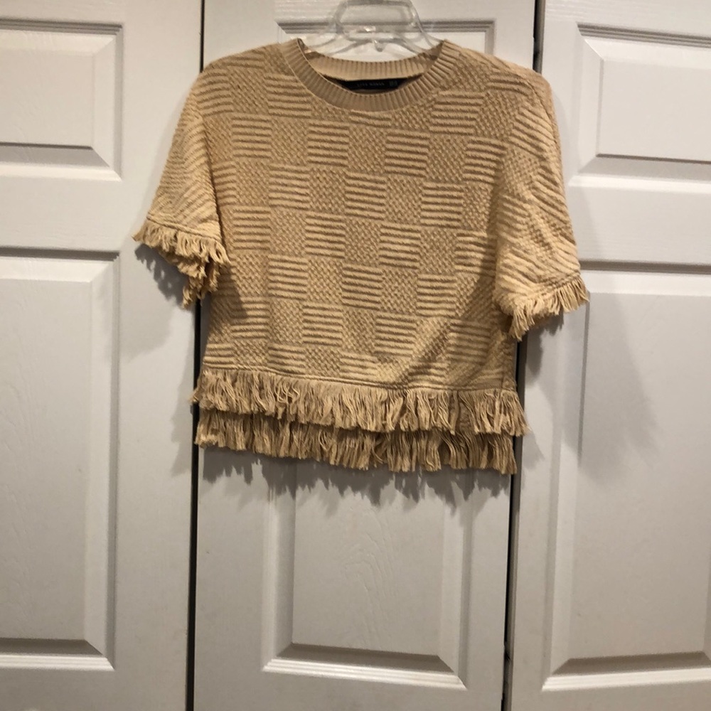 Zara Cream Sweater with Fringe Detail Size XS